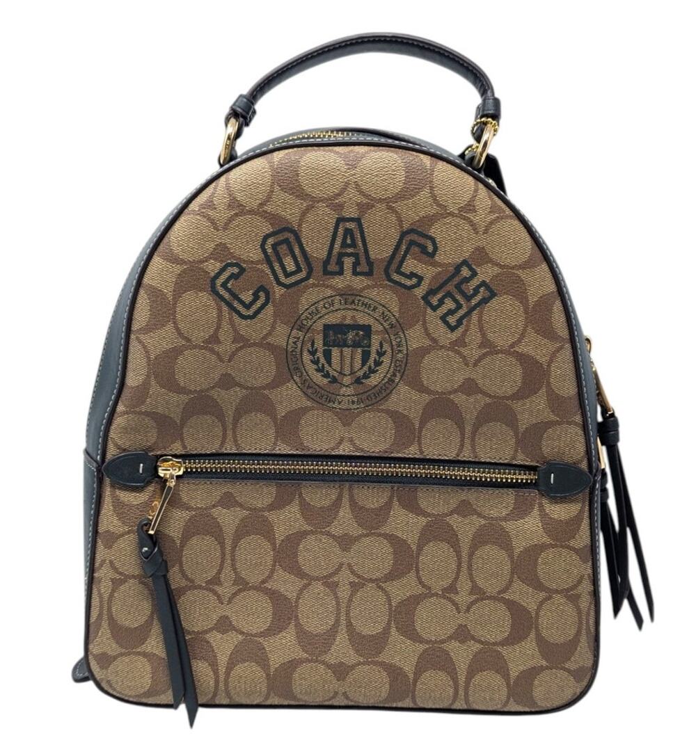 Coach Signature Canvas Backpack Brown Green Varsity Logo Leather Trim